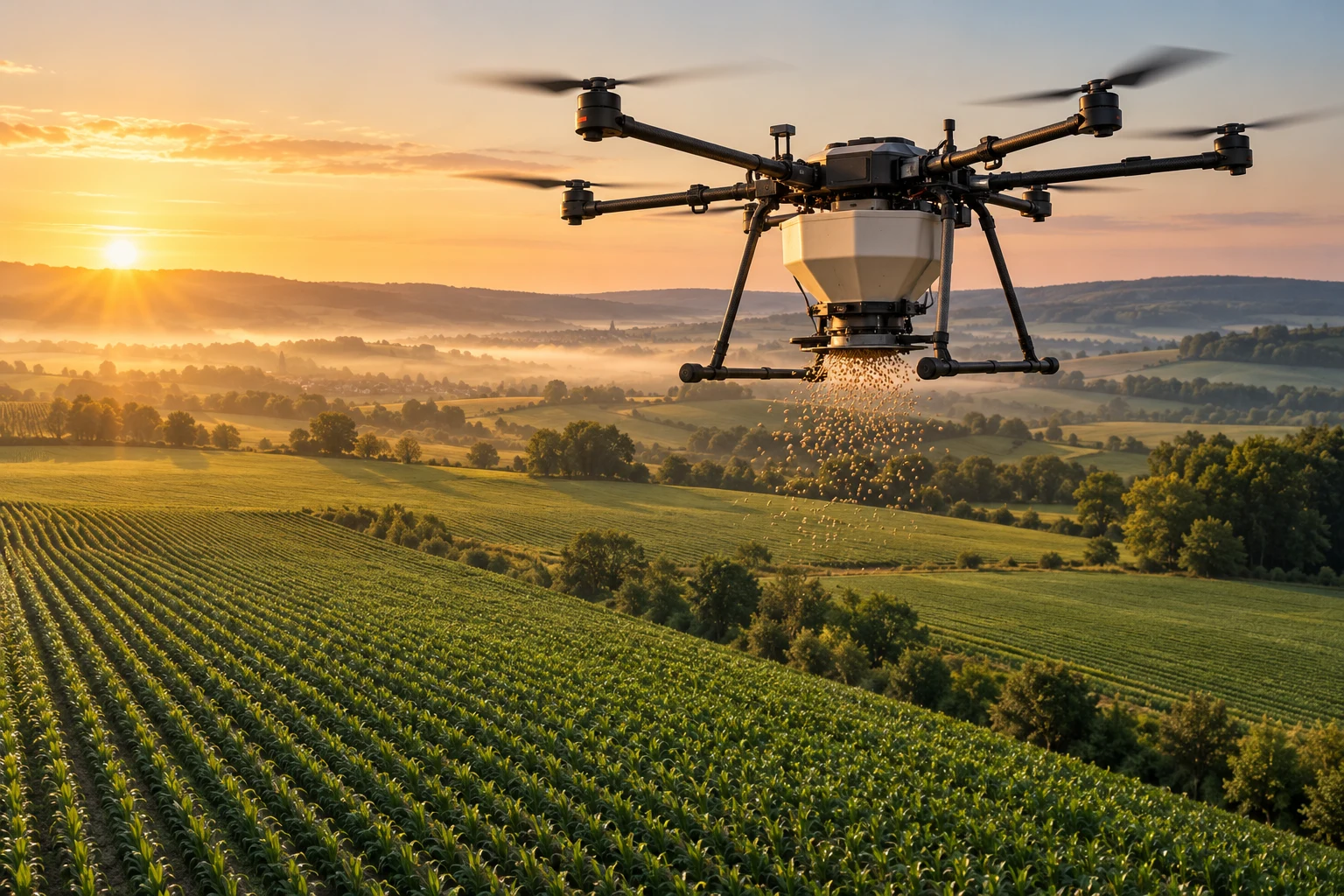 KI-generierte Darstellung einer Agrardrohne über einem grünen Feld